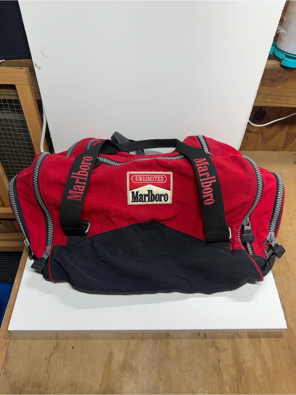 Vintage Marlboro Unlimited Red & Black Duffel Gym Travel Bag 21” Promotional